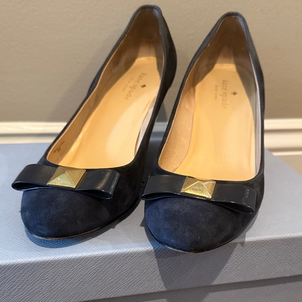 Kate Spade Blue Wedges with Gold Bow Detail